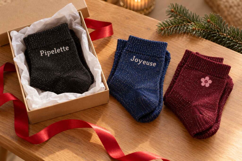 Chaussettes à paillettes avec messages humoristiques et boîte cadeau pour un Secret Santa